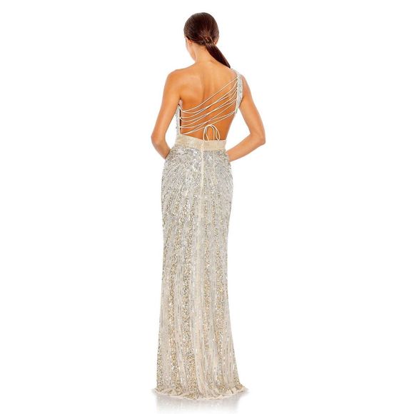 MAC DUGGAL SEQUINED ONE SHOULDER DRAPED LACE UP GOWN - Picture 2 of 9